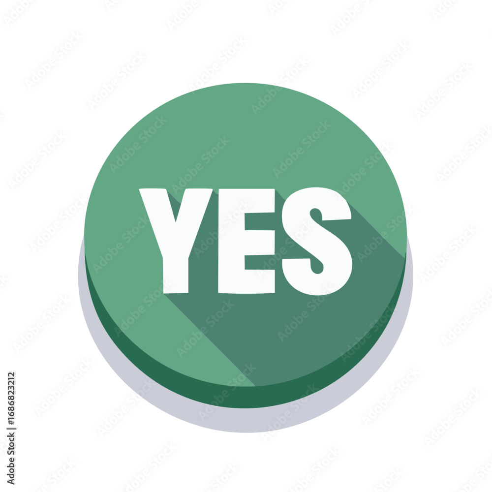 Poster green button with white yes and shadow for voting and agreeing flat design