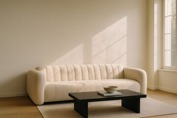 Beige modern sofa with channel tufting, black coffee table and minimalist decor