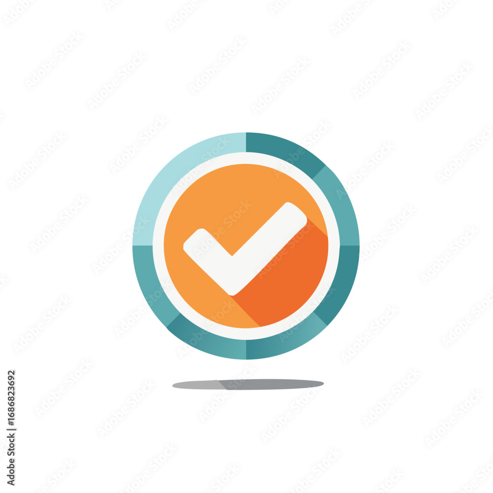 Poster orange check mark inside a circular frame with teal and light blue segmented border and shadow