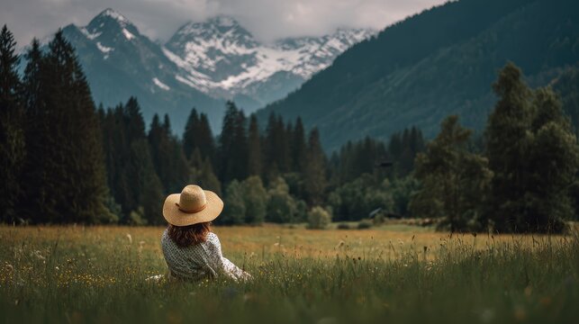 Woman in a hat enjoying the scenic mountain view - Powered by Adobe