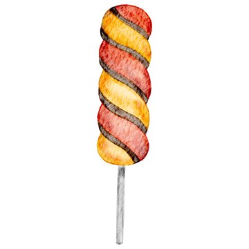 Hand Drawn Watercolor Isolated Halloween Striped Candy Stick Lollipop Illustration - for poster, card, banner, clothing, wallpaper, wrapping design in cartoon realistic style - red, black, yellow