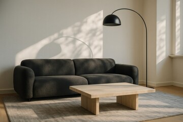 Dark modern sofa with beige rug, minimalist wooden coffee table and black floor lamp