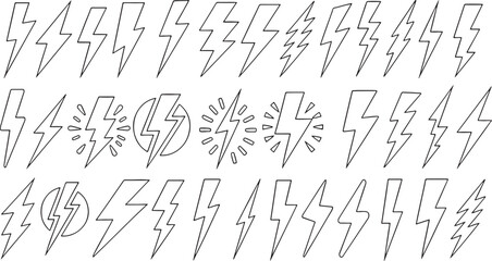 lightning bolt, lightning, bolt, thunder, electricity, power, energy, icon, symbol, line art, outline, drawing, graphic, design, element, collection, set, multiple, various, white background, isolated