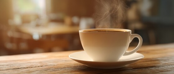 The steaming coffee cup on a rustic wooden table inviting morning relaxation.