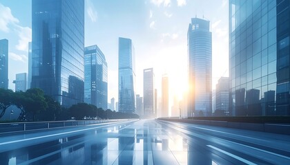 Modern Cityscape with Sleek Glass Skyscrapers and Reflective Surface