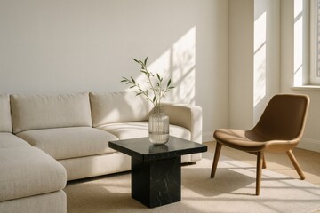 Minimalist beige sectional sofa with marble side table and brown leather chair