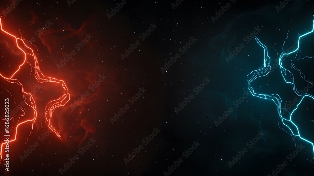 Poster the image displays a striking contrast between red and blue lightning against a starry night sky, cr
