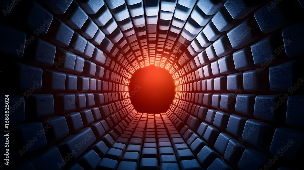 Poster the photo showcases a futuristic blue tunnel constructed from rounded cubes, illuminated by a radian