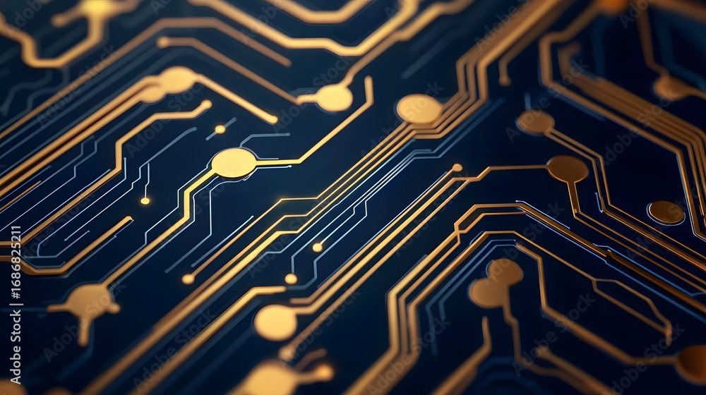 Poster the image showcases a detailed, abstracted view of a circuit board with golden lines and nodes again