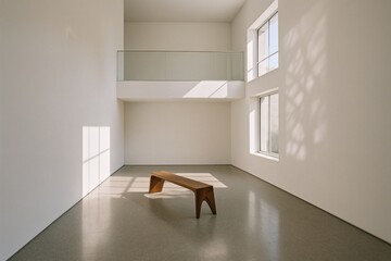 Minimalist modern room with single wooden bench, white walls and large windows