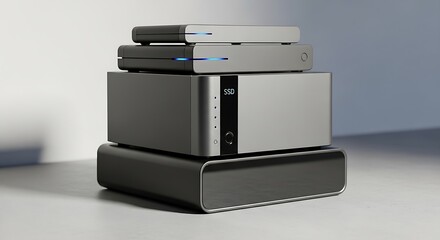 Stacked Tech Devices on Floor.