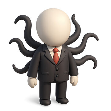 Adorable chibi Slender Man character 3D render. Features a faceless white head, sharp black suit, vibrant red tie, and numerous black tentacles. A unique blend of cute and creepy, perfect for digital 