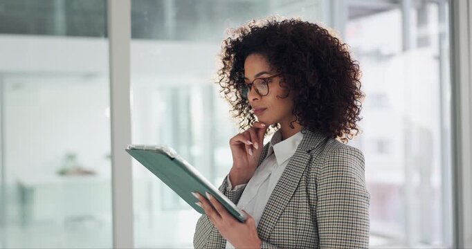 Thinking, tablet and reading with business woman in office for case advisor, reflection or lawyer. Evidence report, court statement and vision with person in law firm for custody log and attorney aid