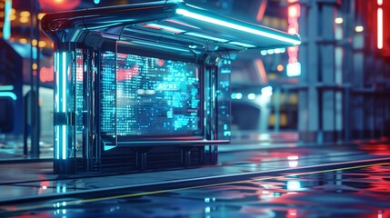 Futuristic glowing bus stop shelter with holographic display, neon cyberpunk city background, sci-fi transport concept.