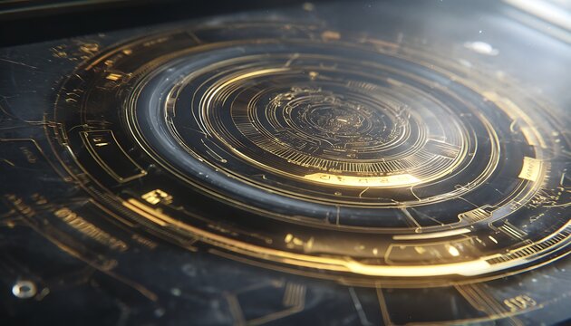 Subtle HUD overlay with gold etching and soft smoke-lit interface panels