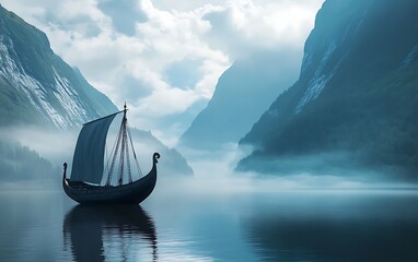 viking ship sails serenely upon the calm water amidst mountainous terrain and misty skies