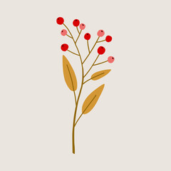 Christmas berry branch floral hand drawn print. Scandinavian cute handcrafted floral motifs, perfect for cozy Xmas greeting cards, invitations, posters, scrapbooks.