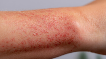 Skin condition with red spots and irritation on arm, indicating possible allergic reaction or dermatitis. texture appears rough and inflamed, suggesting discomfort and sensitivity