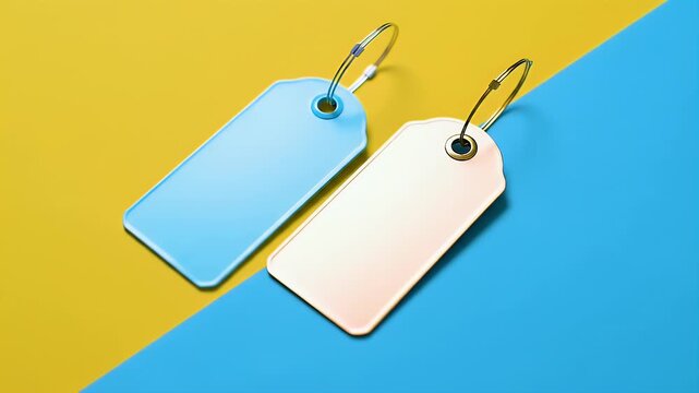 Two Pale Blue and Yellow Metal Tags Mockups on Diagonal Divided Background Price Tags Sale Tags Branding Templates Advertisement Mockup for Commercial Use and Discount Marketing Design Template