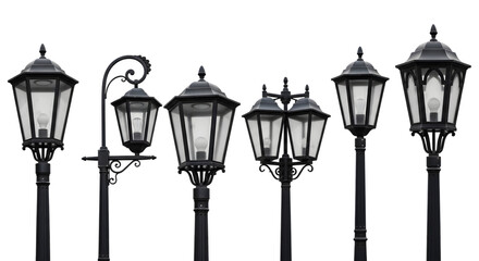 A variety of different street lamps and lamp posts in a classic, vintage design, with black metal frames and glowing light bulbs, isolated on a white background.

