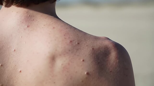Young Adult's Upper Back and Shoulder Displaying Skin Imperfections and Blemishes Against a Bright Beach Background Skin Condition Awareness and Dermatology Advocacy Backdrop Shot - Powered by Adobe