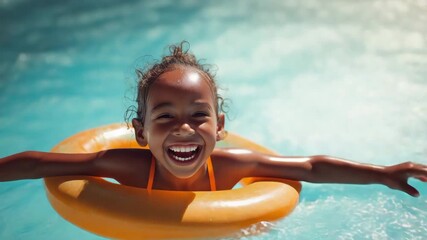 Little happy black girl in swimming pool on inflatable ring. African american kids beach fun. Child splashing in summer water pool. - Powered by Adobe