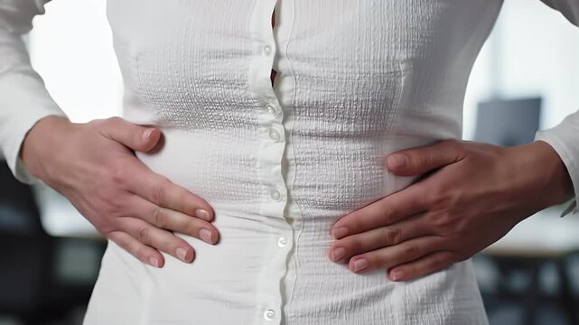 Abdominal Discomfort Hands Pressing Stomach Area Person in White Shirt Indoors Healthcare Gesture Palm Pressure Medicine Ailment Suffering Unhealthy Human Torso
