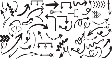 arrow, icon, hand-drawn, sketch, doodle, pointing, direction, movement, graphic, design, vector, symbol, illustration, black, white background, curved, straight, zig-zag, brush stroke, collection, set