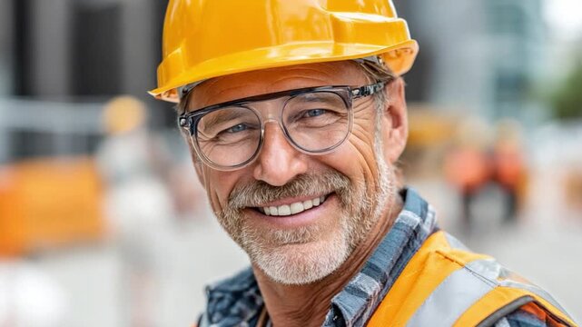 Smiling Builder on Site: A close-up of a cheerful construction worker, radiates expertise and pride with a genuine smile, perfectly embodying the essence of reliable craftsmanship.