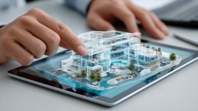 Architectural Visualization: Hands interacting with a detailed 3D model of a building on a tablet, representing the process of architectural design and visualization. 