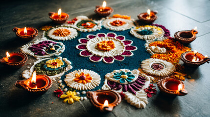 Fototapeta premium Colorful rangoli design with diya lamps arranged in a circular pattern. The vibrant colors include red, yellow, and blue, symbolizing Diwali celebrations.