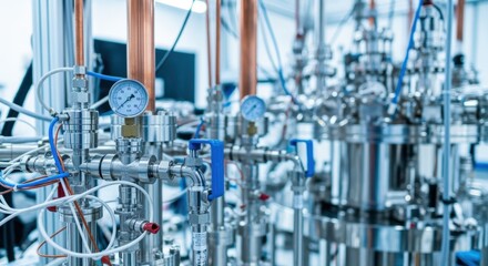 Focused image on the dilution refrigerators plumbing and pumping systems critical for maintaining the ultracold environment of the quantum annealer.