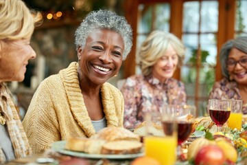 Friends enjoying a festive meal together in a cozy dining room during a joyful gathering
