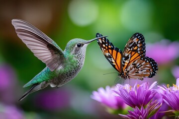 Fototapeta premium Hummingbird and Butterfly Near Purple Flowers