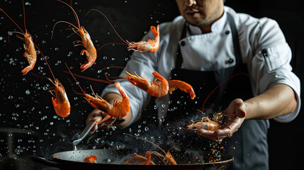 Shrimp sear against the pan surface, dancing in steam with delicious kinetic energy. Generative AI