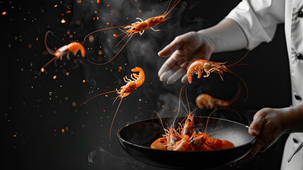 Flipping shrimp in warm oil emit steam and gloss, creating delicious cinematic flair. Generative AI