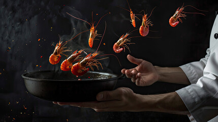 Steamy shrimp burst with flavor in motion, frying in oil with crispy visual appeal. Generative AI