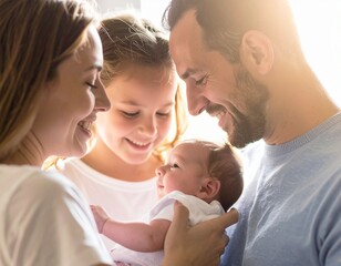 The mother, father, and older sibling gaze with joy and tenderness, highlighting the beauty of parenthood, bonding, and the arrival of a new family member.