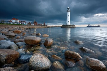 Lighthouse on rocky coast under stormy sky