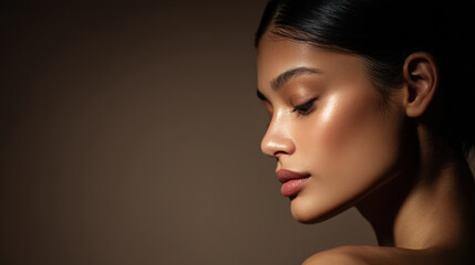 Close up portrait of woman showcasing her profile, highlighting her smooth skin and natural glow. soft lighting accentuates her features, creating serene and elegant atmosphere