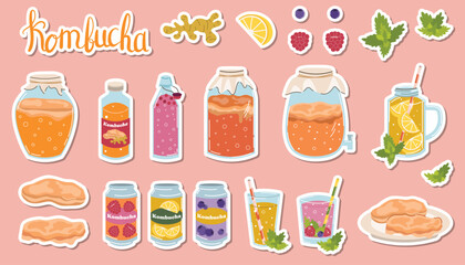 Kombucha stickers set with bottles, glasses and cans in flat cartoon style.