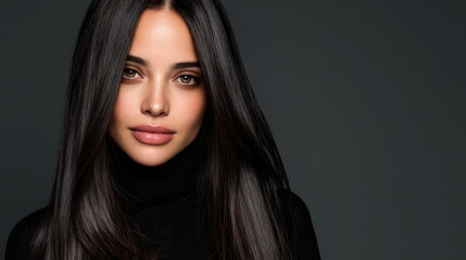 Fototapeta premium Portrait of young woman with long, straight hair and confident expression, wearing black turtleneck against dark background. image conveys elegance and beauty