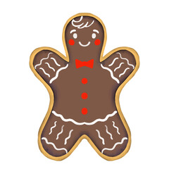 Cute hand drawn gingerbread man cookie with chocolate glaze, white icing, red bow tie and buttons. Traditional holiday biscuit for Christmas and festive decoration.
