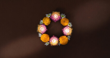 Circle of Diwali Candles and Marigold Flowers