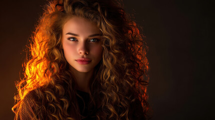 Fototapeta premium Young woman with voluminous curly hair poses against dark background, illuminated by warm light that highlights her features. Her expression is confident and captivating, creating engaging