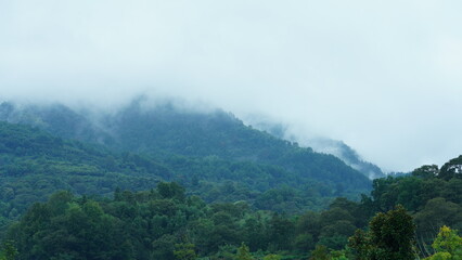 The beautiful mountains view with the covered fog on them in the rainy day