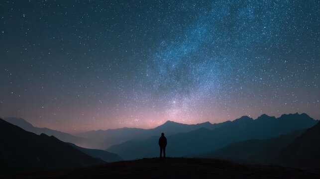Man gazing at the starry night over mountain range - Powered by Adobe