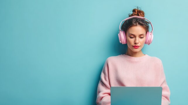 Woman wearing pink headphones while working on a laptop. - Powered by Adobe