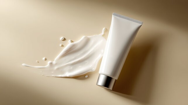 Tube de creme cosmetique blanc avec eclaboussure de lait sur fond beige