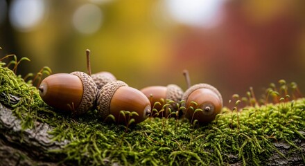 A close up of acorns on a mossy branch
